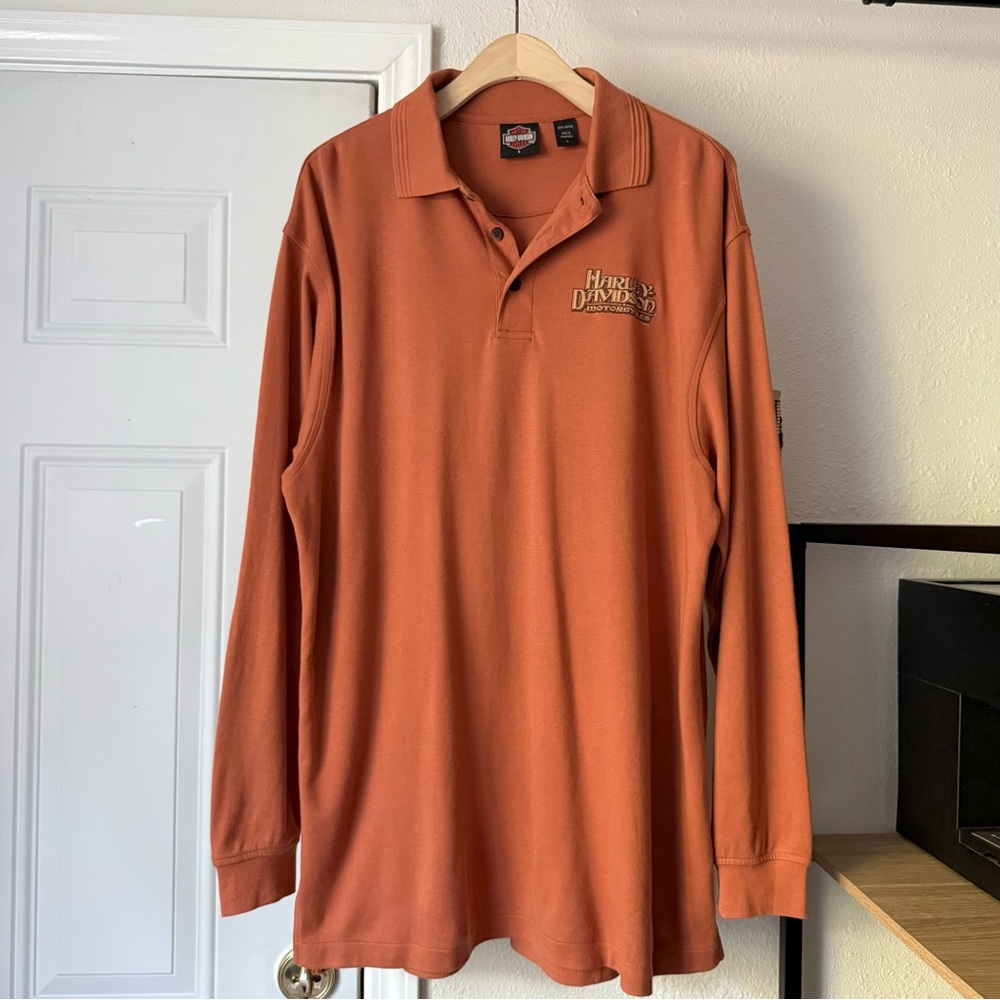 HARLEY DAVIDSON‎ 2005 orange logo polo cotton long sleeve pullover shirt